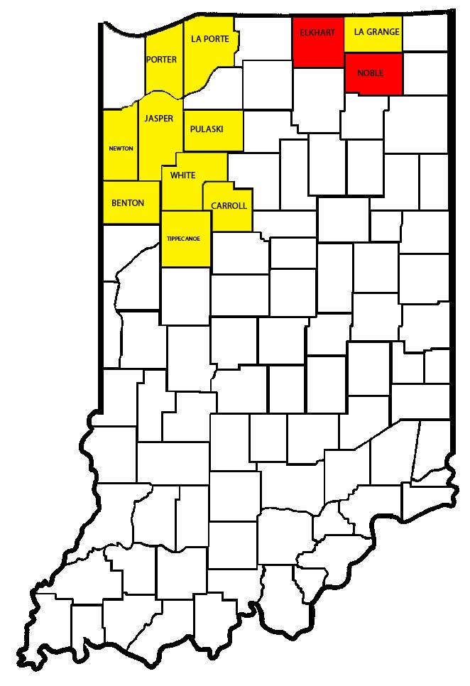 Figure 1: Map showing distribution of Goss’s wilt in Indiana